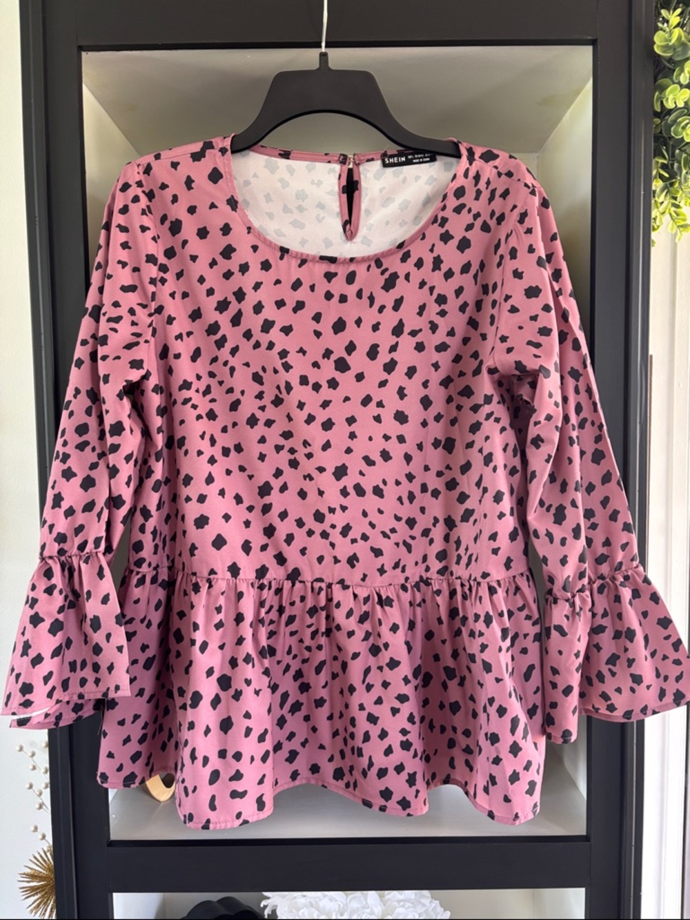 SHEIN Pink Ruffle Sleeve Animal Print Peplum Blouse